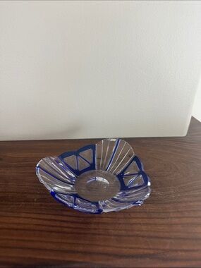 Signed Val Saint Lambert Mid-Century Belgian Crystal Bowl: Blue & Clear